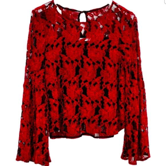 Cupcakes and Cashmere Red and Black Lined Long Bell Sleeve Top Size S - Picture 5 of 14